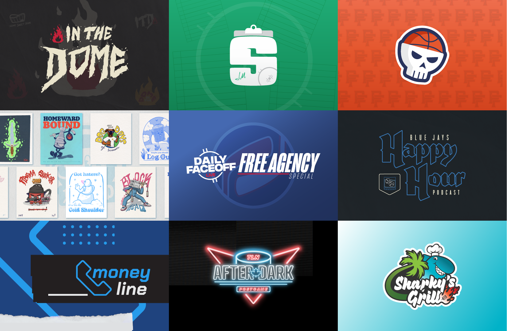 a 9 panel grid of images depicting various identity design / illustration projects